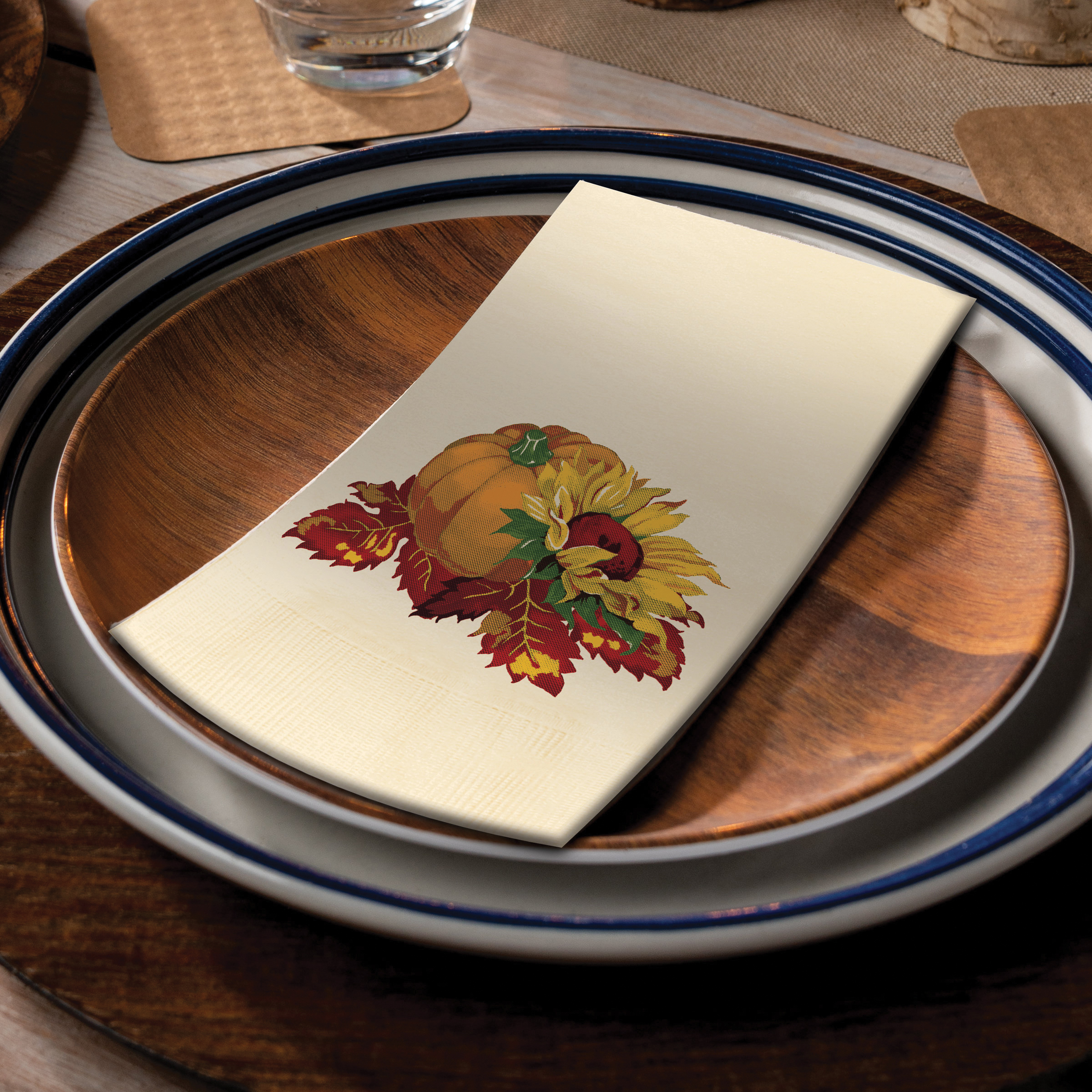 602-FD472 Fall Bounty Ecru Dinner Napkin 2 ply 1/8 fold 1M/CS
