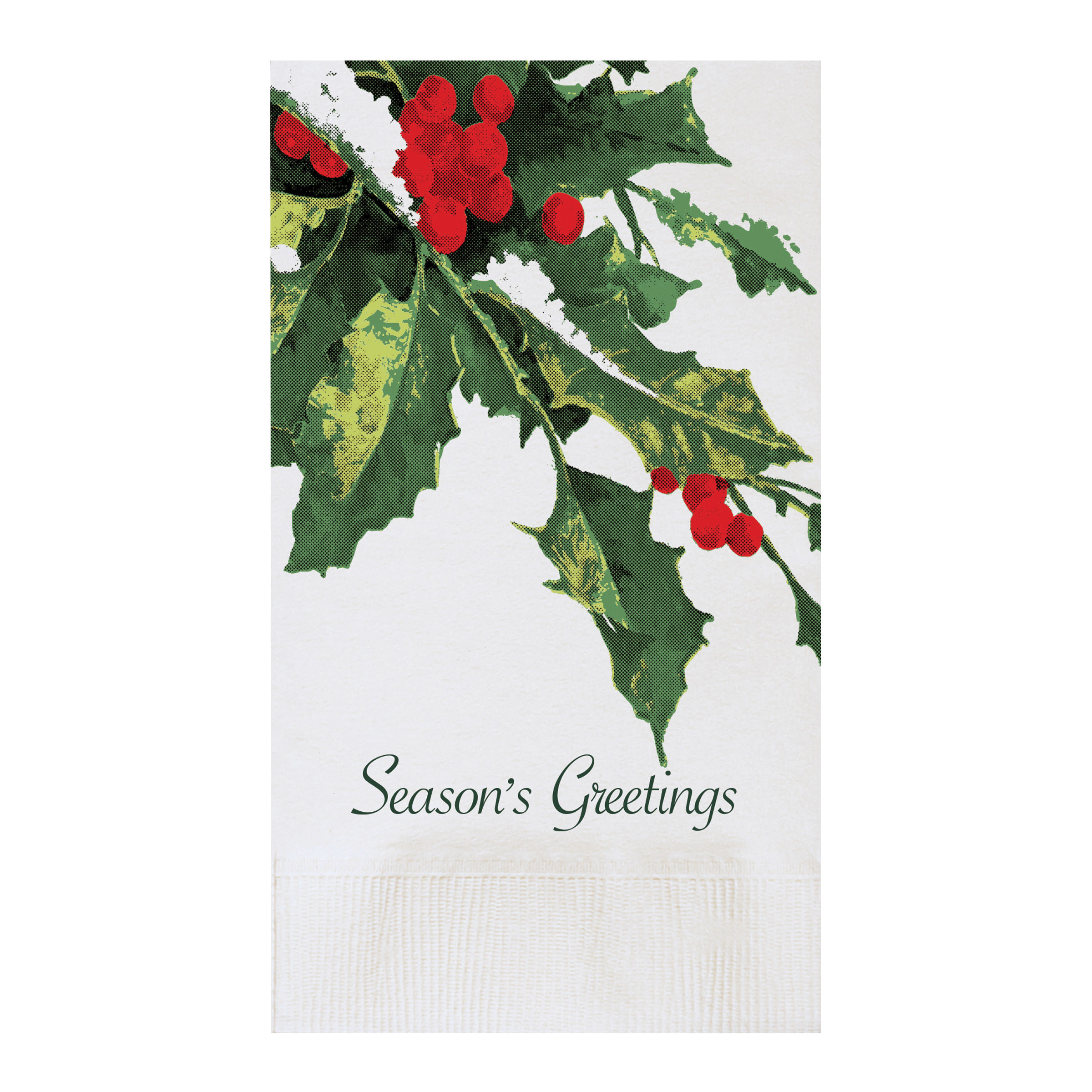 602-FD473 Holly Greetings White Printed Dinner Napkin 2 ply 1/8 fold 1M/CS
