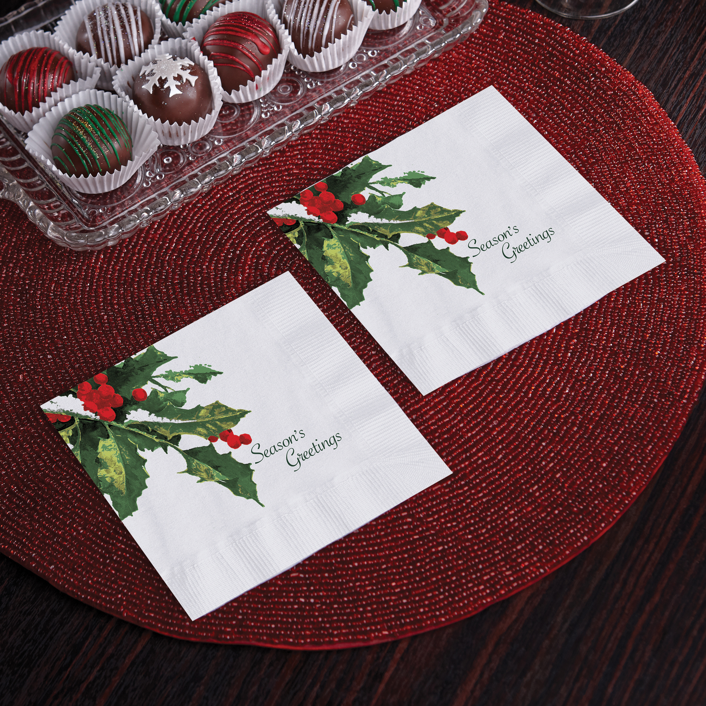 Holly Greetings White Printed Beverage Napkins 2ply 1M/cs