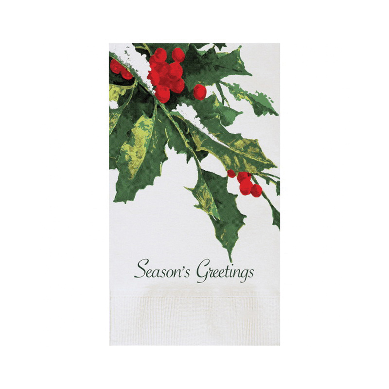 602-FD473 Holly Greetings White Printed Dinner Napkin, 2 ply, 1/8 fold 1M/CS