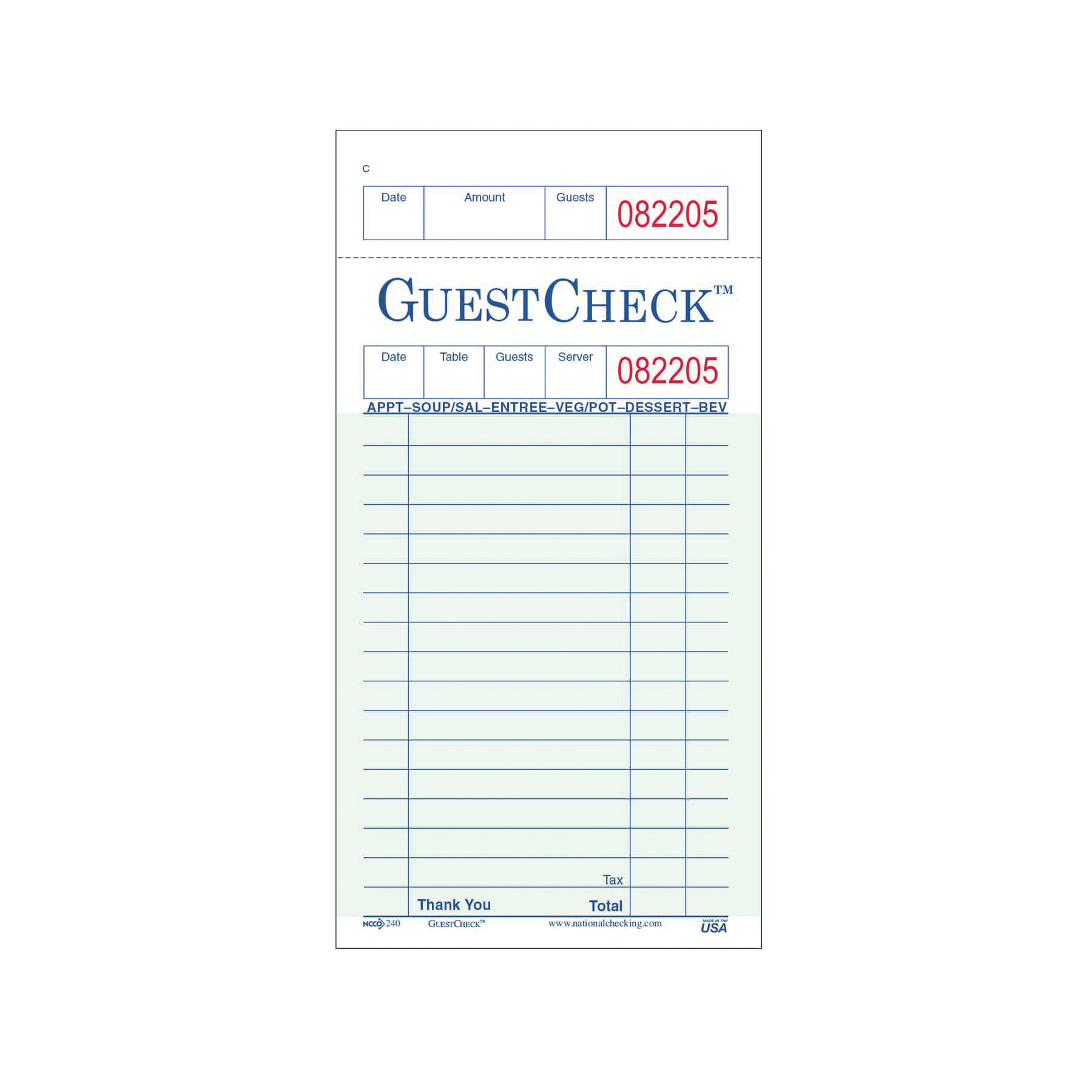 240-50 GUEST CHECK  50/CS, 1 PART GREEN, 16 LINES