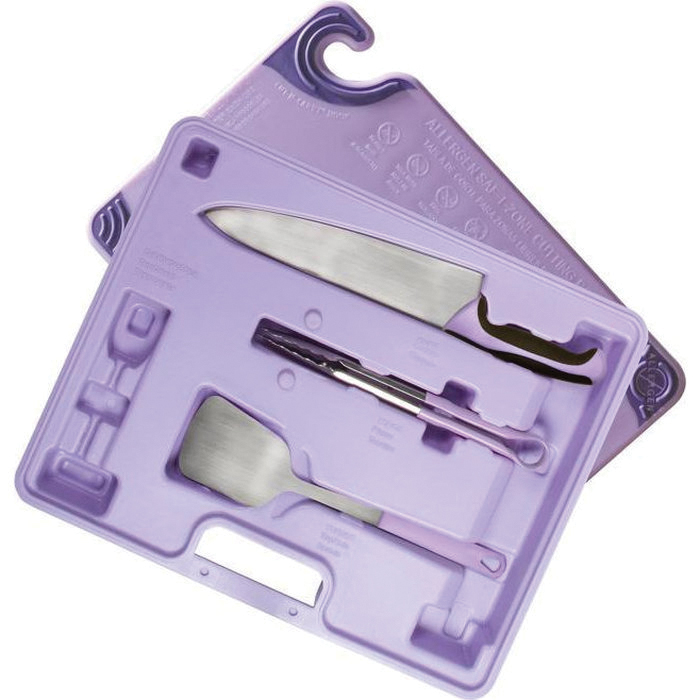 Allergen Safety Tools Purple - Includes Case 12" Tongs Turner 10" Chefs Knife Cutting Board & Thermometer - EA