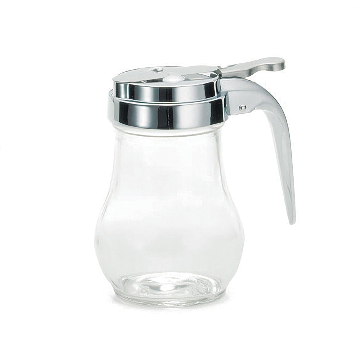 SYRUP POURER 6OZ DISPENSER - TEARDROP GLASS - CHROME PLATED TOP - 12/CS