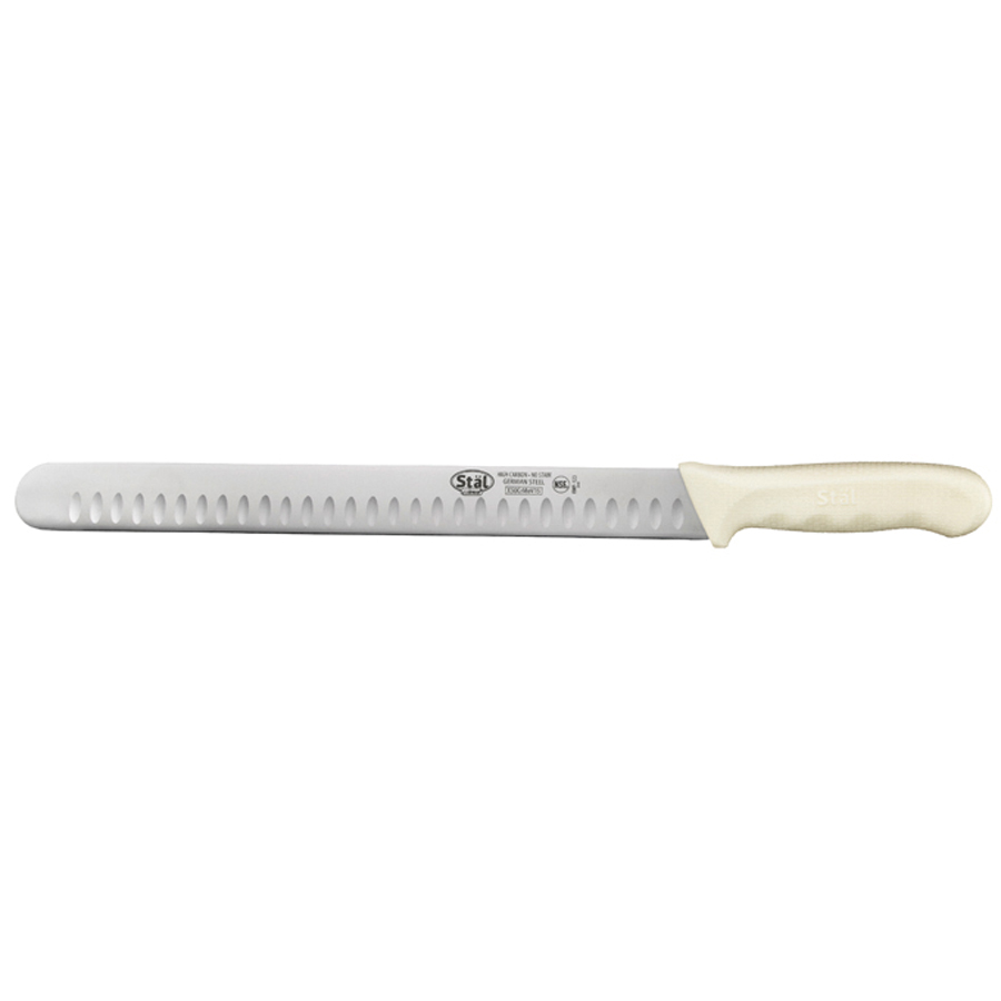 KWP-123 KNIFE SLICER 12" SS EA WHITE HANDLE HOLLOW EDGE S/O