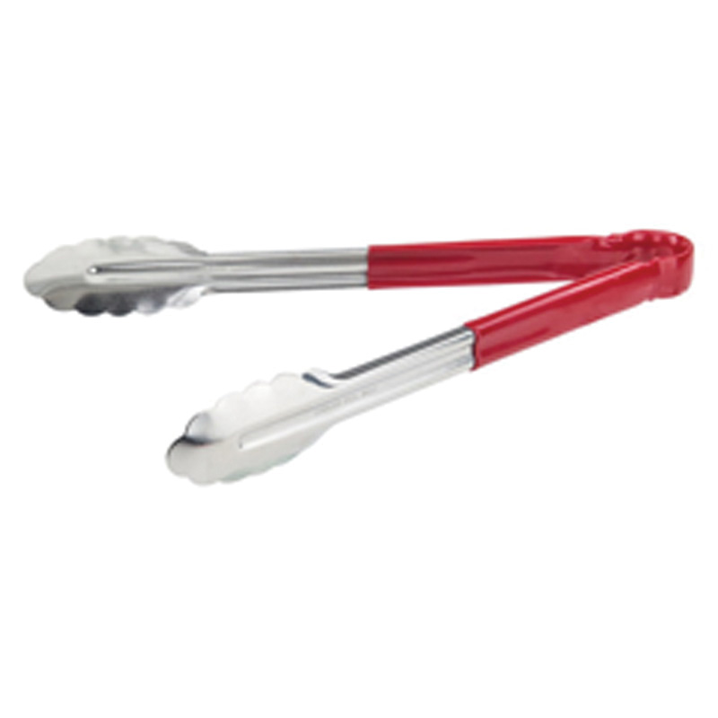 12" Utility Tongs Scalloped Edge - Heavy Duty - SS With Red Handle - EA
